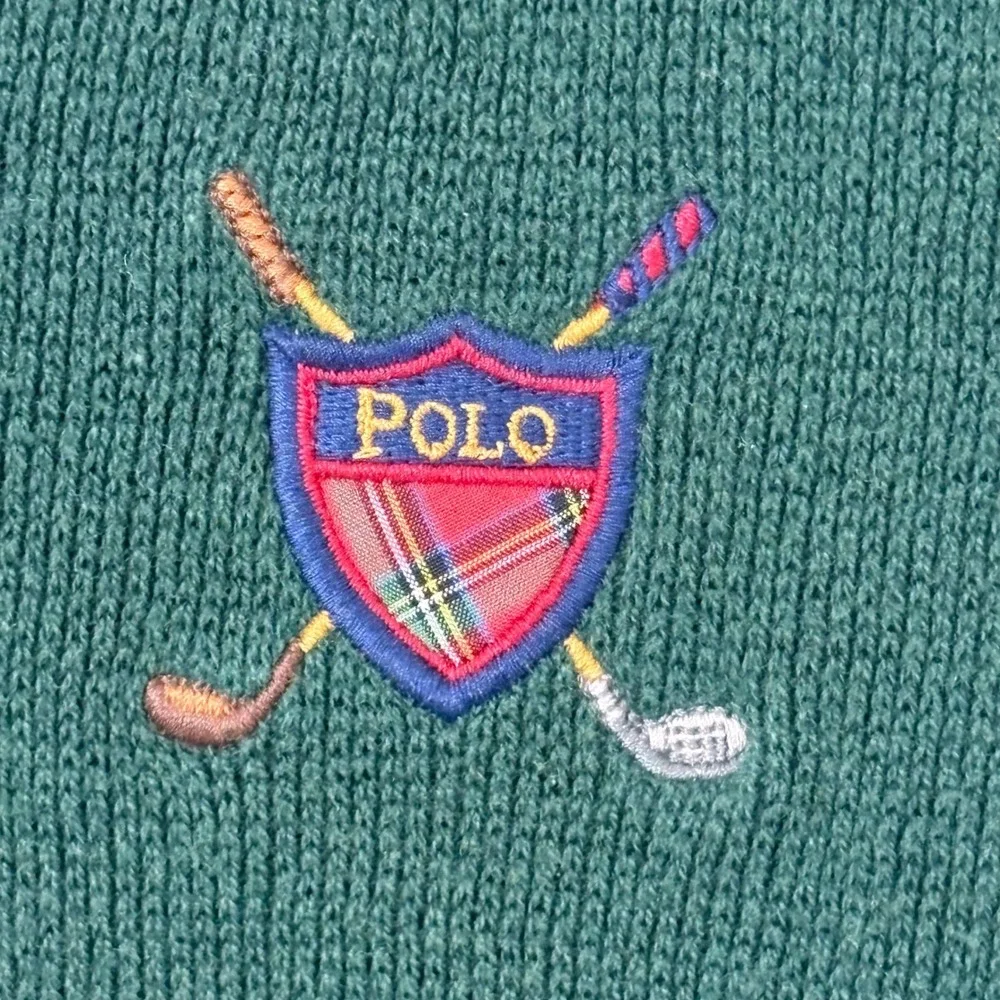VTG‎ Polo Ralph Lauren Sweater Vest Mens Large Green Golf Crest Knit Cotton FLAW